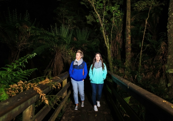 2 ladies walking at night in the Otways looking for glow worms